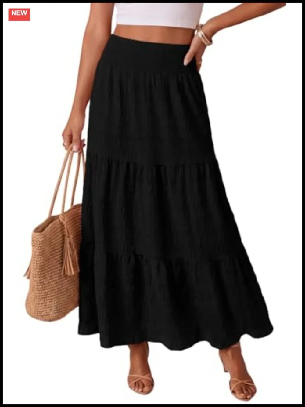 Boho Maxi Skirt with Pockets Smocked Tiered A Line Long Flowy Beach Vacation
